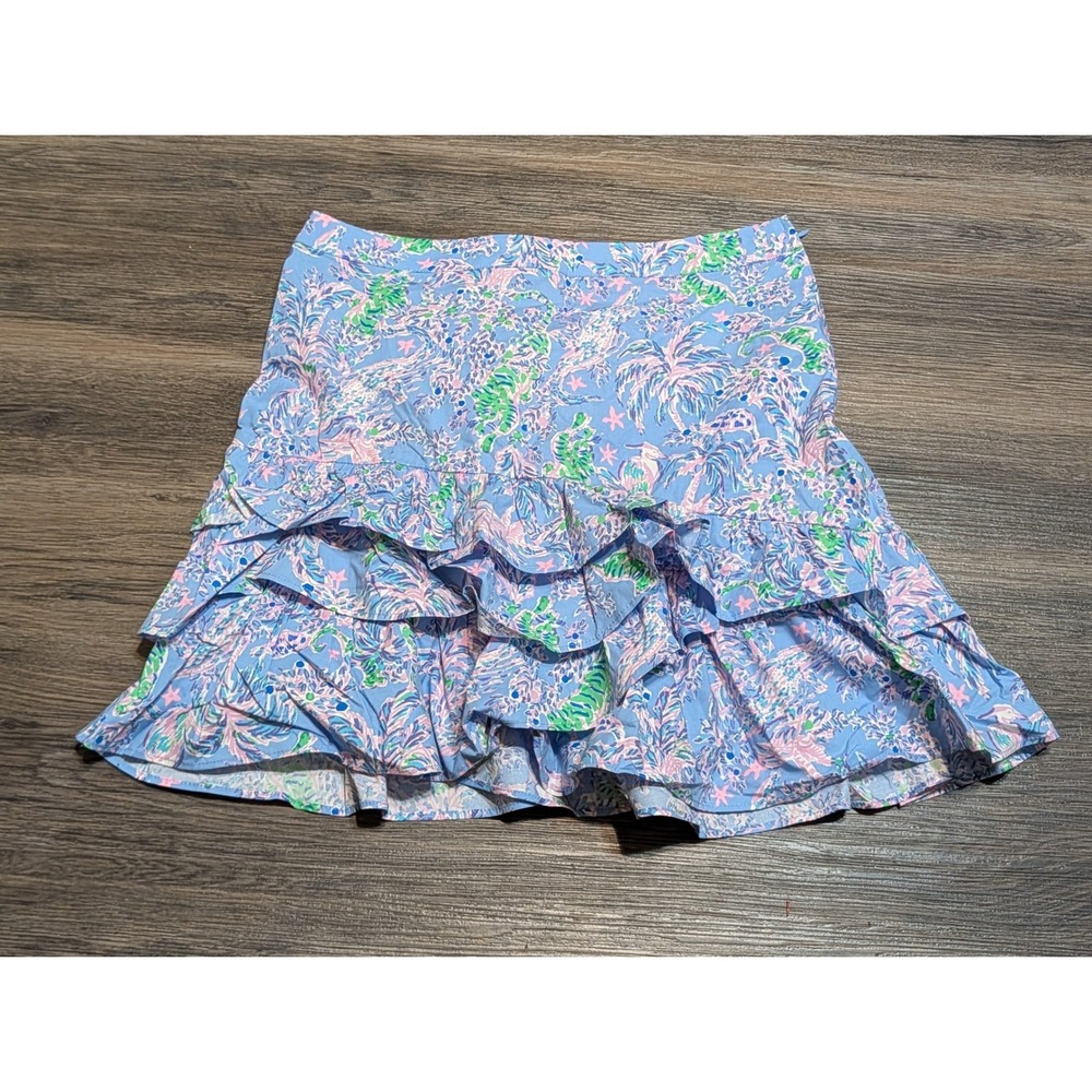 Lilly Pulitzer Tiered Ruffle Mini Skirt Womens 4 Periwinkle Blue Tropical Tiger